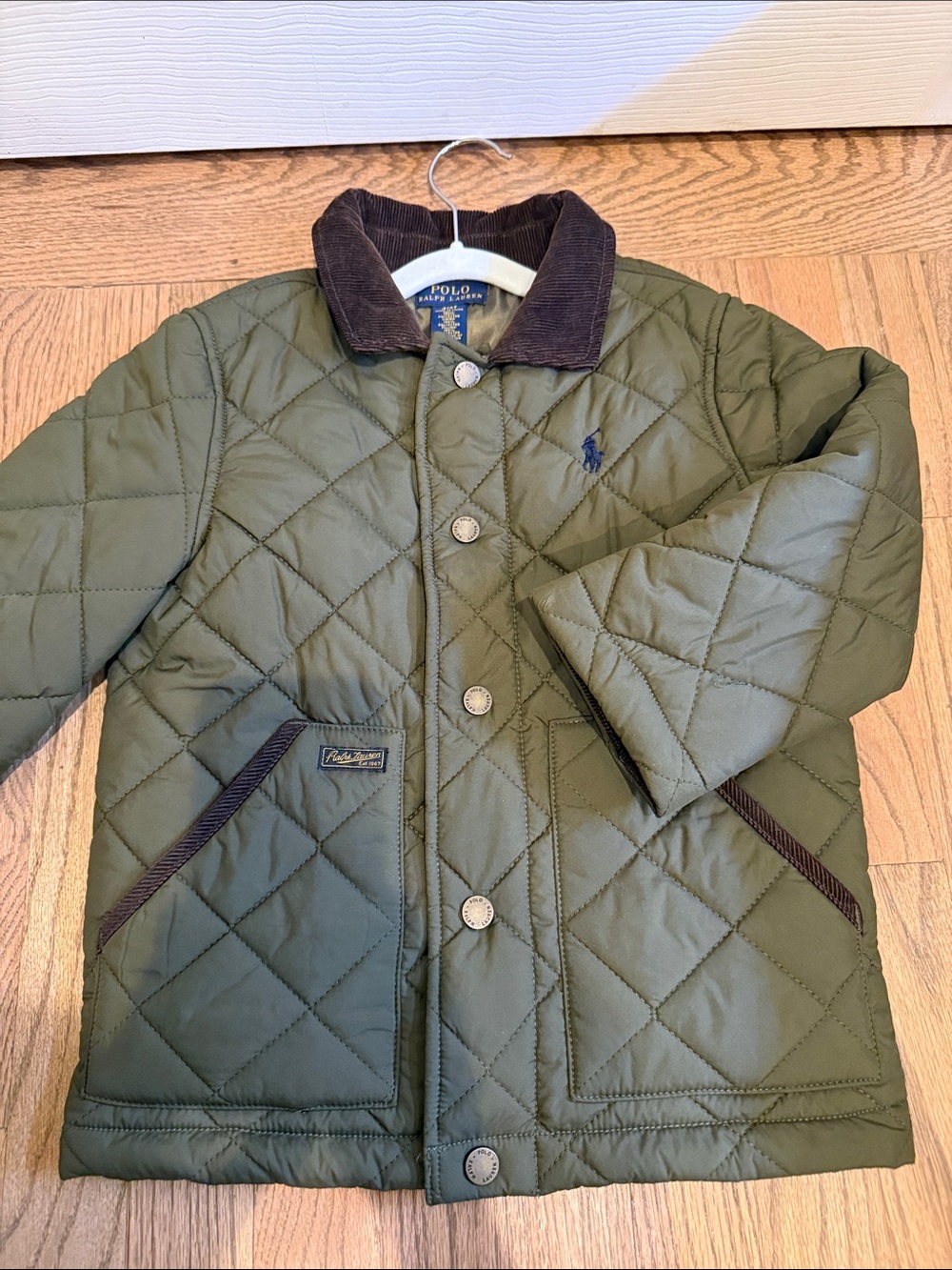 Polo by Ralph Lauren Hunter Green Quilted Barn Puffer Jacket with Corduroy Trim